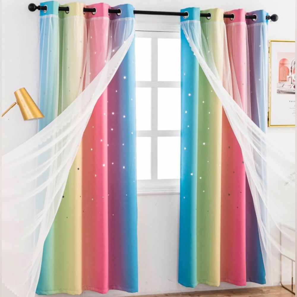Rainbow Curtains With Colorful Star Cut-Out And Room Darkening - Picture 2 of 10
